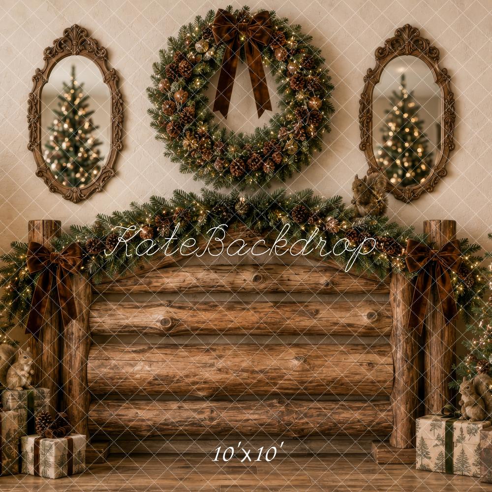 Kate Christmas Rustic Brown Log Headboard Wreath Printed Backdrop Designed by Megan Leigh Photography