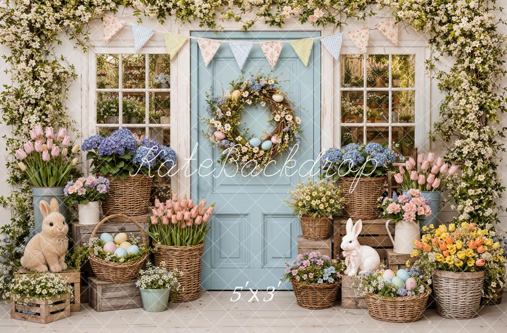 Kate Easter Spring Flower Arch Blue Door Bunny Bunting Printed Backdrop Designed by Emetselch