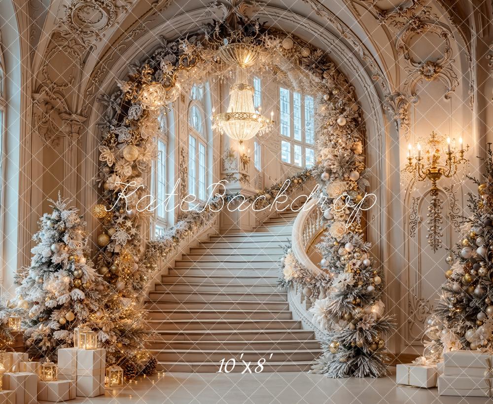 Kate Christmas Cascading Stairs Flower Arch White Gold Backdrop Designed by Emetselch