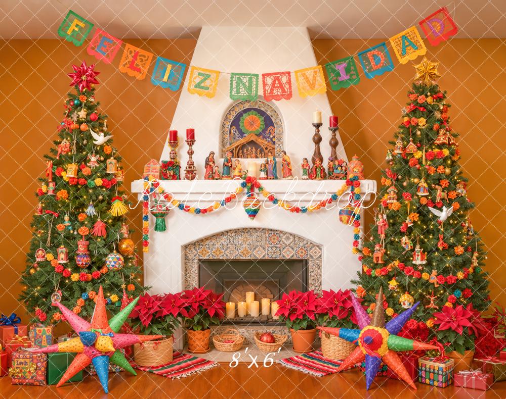 Kate Christmas Mexican Navidad Fireplace Trees Piñata Gifts Backdrop Designed by Emetselch