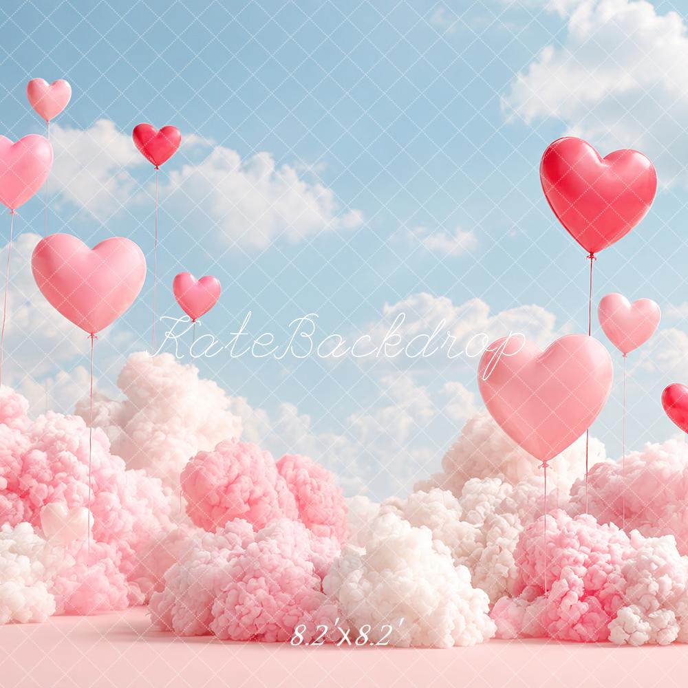 Kate Valentine's Day Heart Balloons Pink Clouds Sky Printed Backdrop Designed by Angela Miller