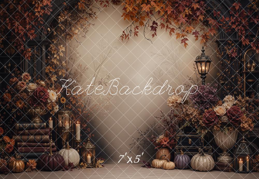 Kate Fall Vintage Floral Pumpkin Lantern Arch Books Leaves Printed Backdrop Designed by Jordan Moon