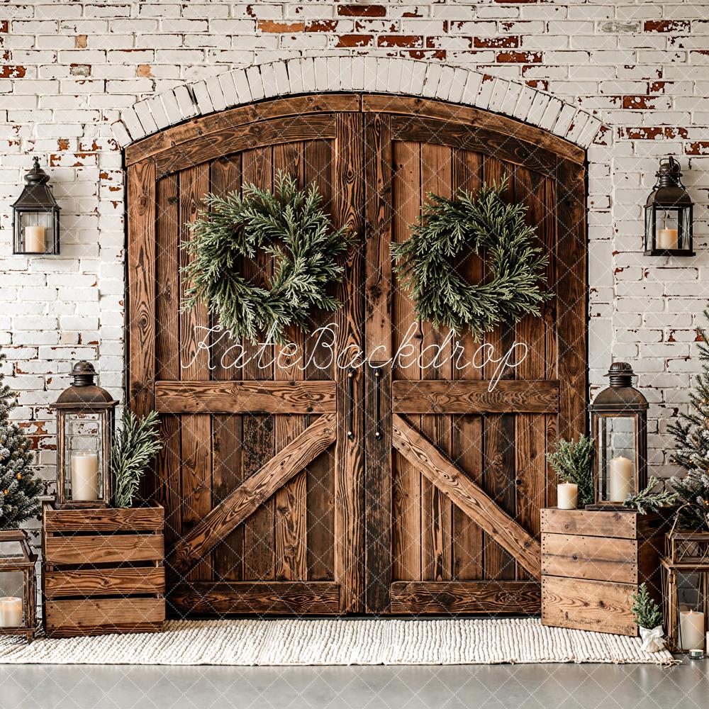 Kate Christmas Rustic Wooden Barn Door Wreaths Snowy Trees Backdrop Designed by Emetselch
