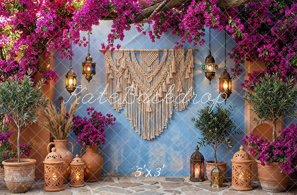 Kate Boho Macrame Pink Flower Arch Lanterns Blue Wall Backdrop Designed by Emetselch