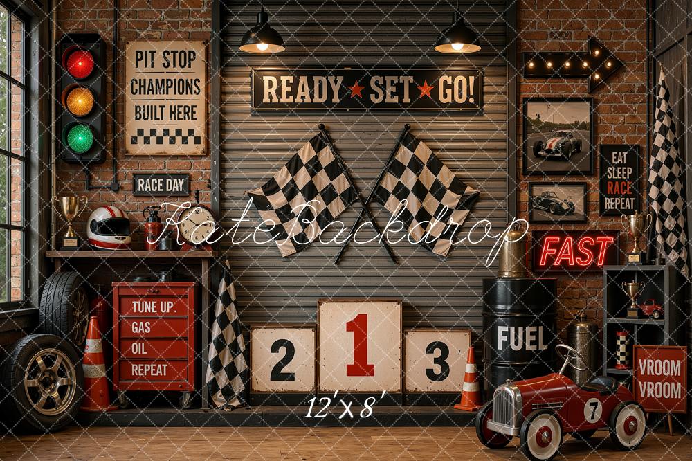 Kate Vintage Racing Garage Vintage Pedal Car Checkered Flags Printed Backdrop Designed by Shutter Swan Studios