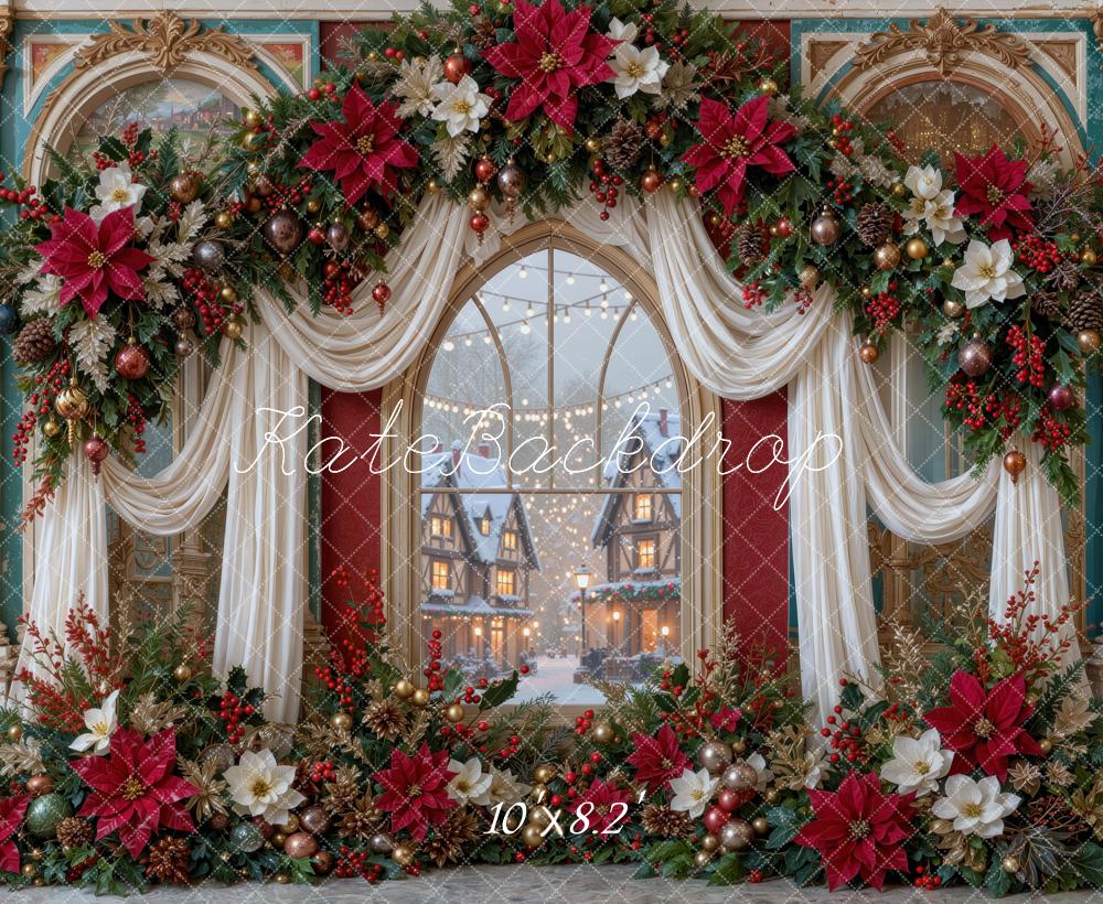 Kate Christmas Poinsettia Garland Ornate Drapes Window Printed Backdrop Designed by Mini MakeBelieve