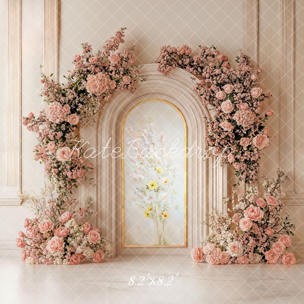 Kate Spring Flower Arch Pink Roses Gold Arch Backdrop Designed by Chain Photography