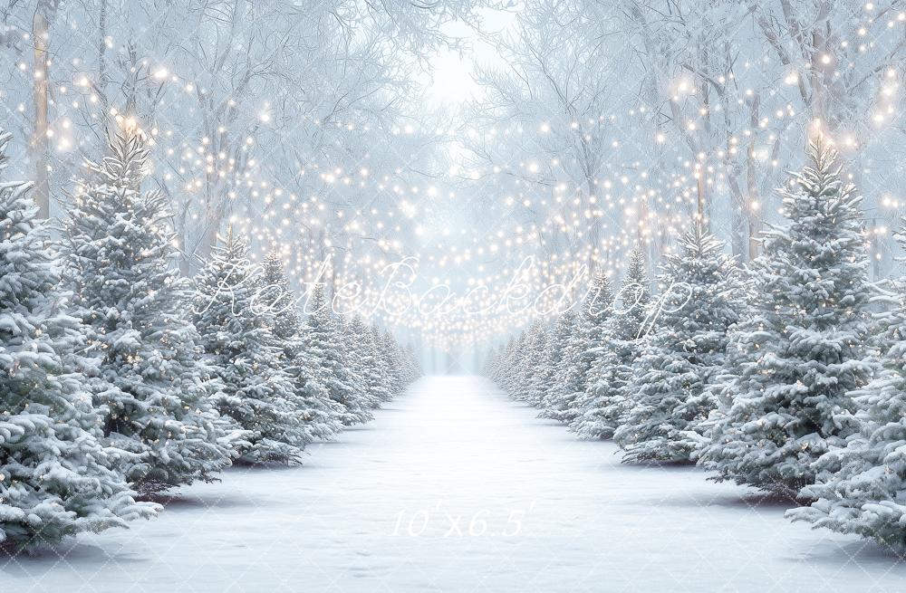 Kate Christmas Snowy Pine Trees String Lights Forest Printed Backdrop Designed by Angela Miller