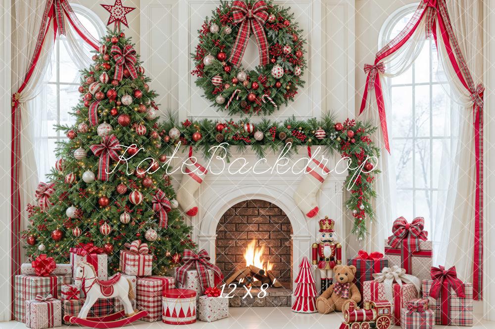Kate Christmas Fireplace Tree Red Plaid Arched Window Wreath Printed Backdrop Designed by Mini MakeBelieve