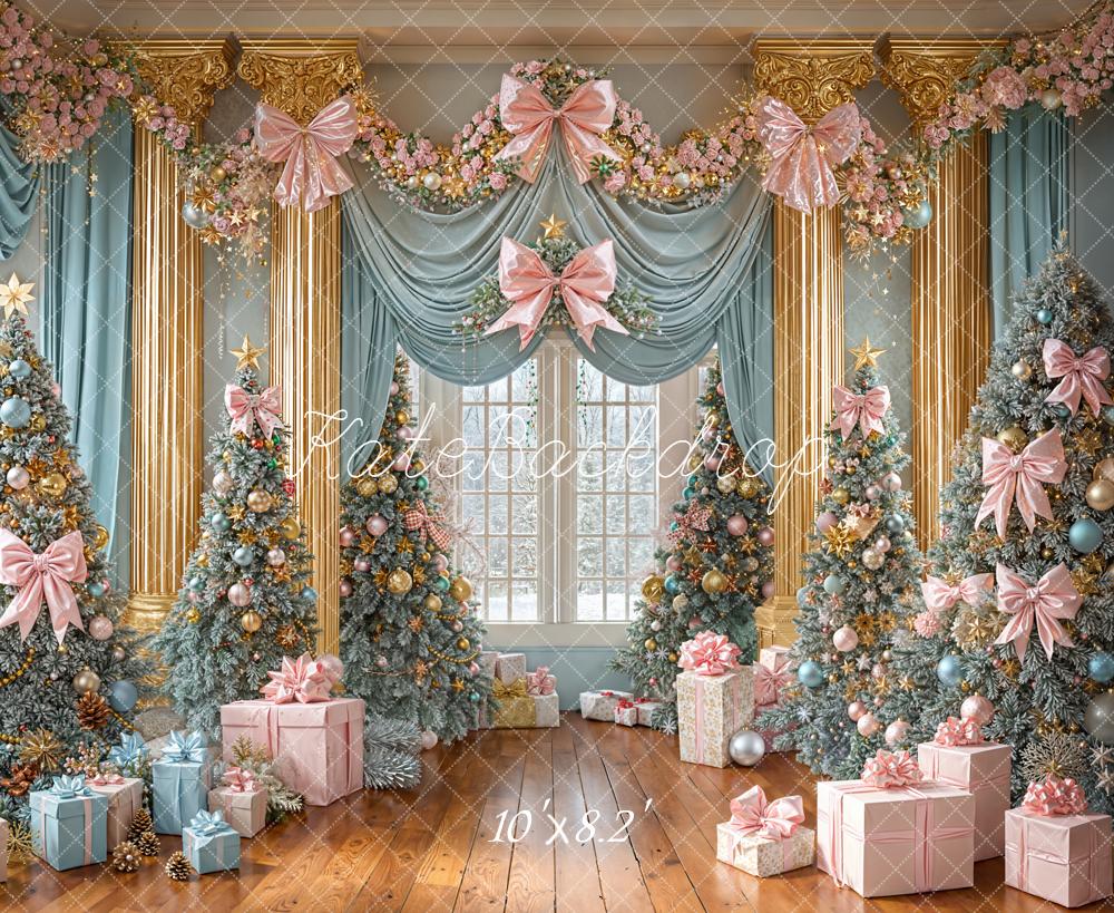 Kate Christmas Trees Pink Bow Blue Gold Presents Garland Backdrop Designed by Emetselch