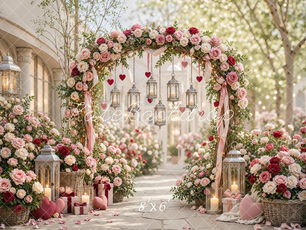 Kate Valentine's Day Flower Arch Lanterns Street Roses Printed Backdrop Designed by Emetselch