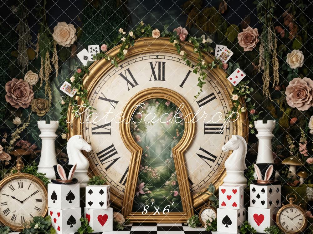 Kate Alice Garden Clock Room Wonderland Chessboard Playing Cards Printed Backdrop Designed by Patty Roberts