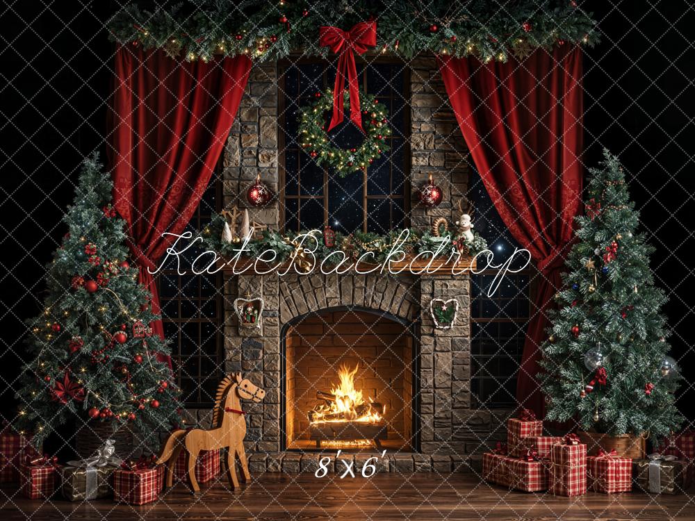 Navidad Chimenea Árbol Cortina Roja Fondo Oscuro Designed by Emetselch