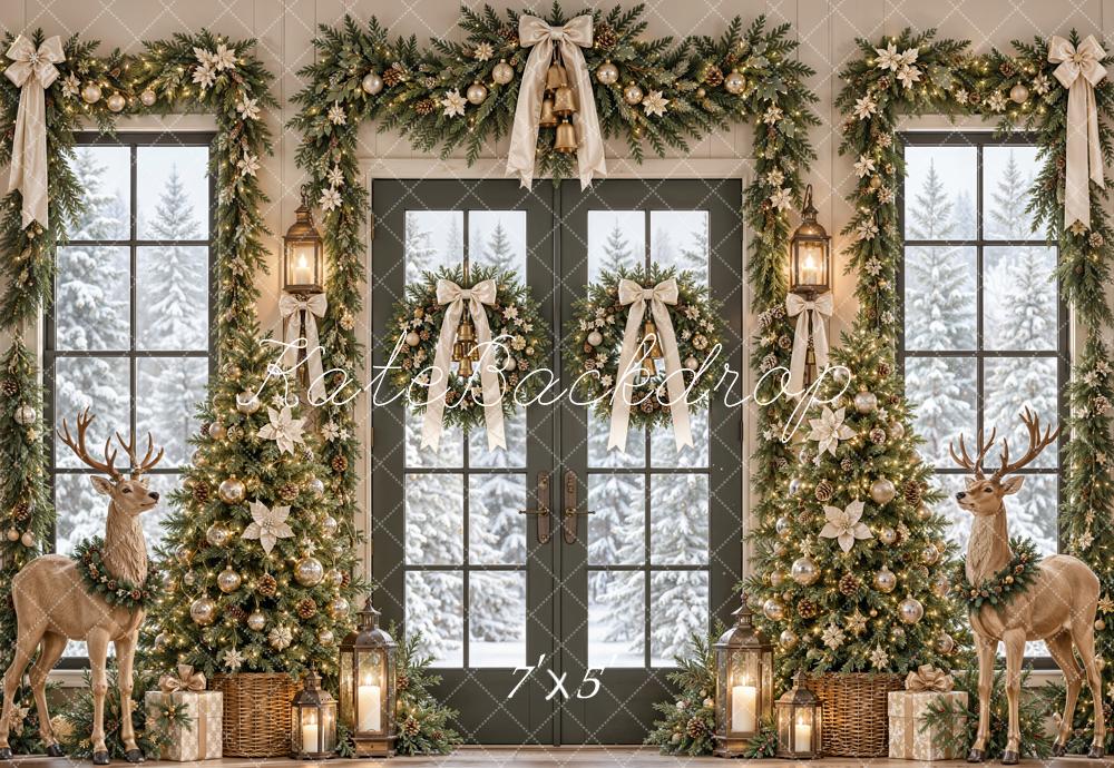 Kate Christmas Tree Garland Deer French Door Snow Printed Backdrop Designed by Emetselch