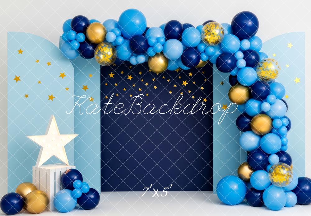 Kate Cake Smash Blue Balloon Arch Starry Night Printed Backdrop Designed by Patty Roberts
