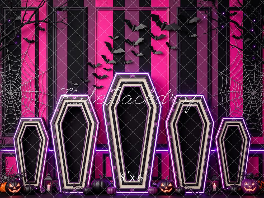 Kate Halloween Neon Coffins Bats Cobwebs Pink Black Printed Backdrop Designed by Patty Roberts