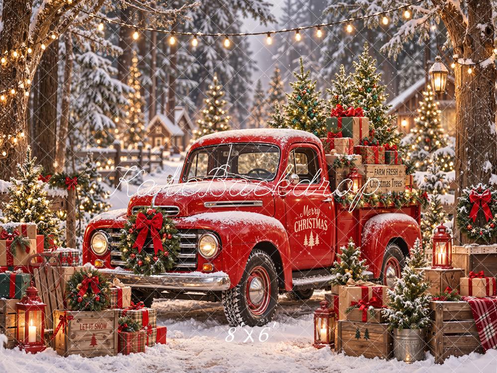 Kate Christmas Red Vintage Truck Gifts Snowy Village Printed Backdrop Designed by Emetselch
