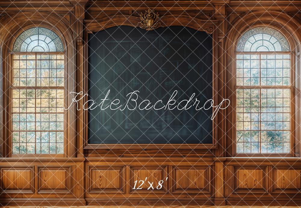 Pizarra de Madera para Regreso a Clases con Ventanas Arqueadas Fondo Diseñado por Emetselch