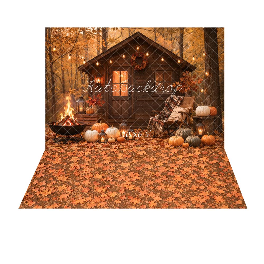 Kate Fall Pumpkin Cabin Fire Pit Lantern String Lights Printed Backdrop+Fall Orange Maple Leaves Floor Backdrop Printed Backdrop