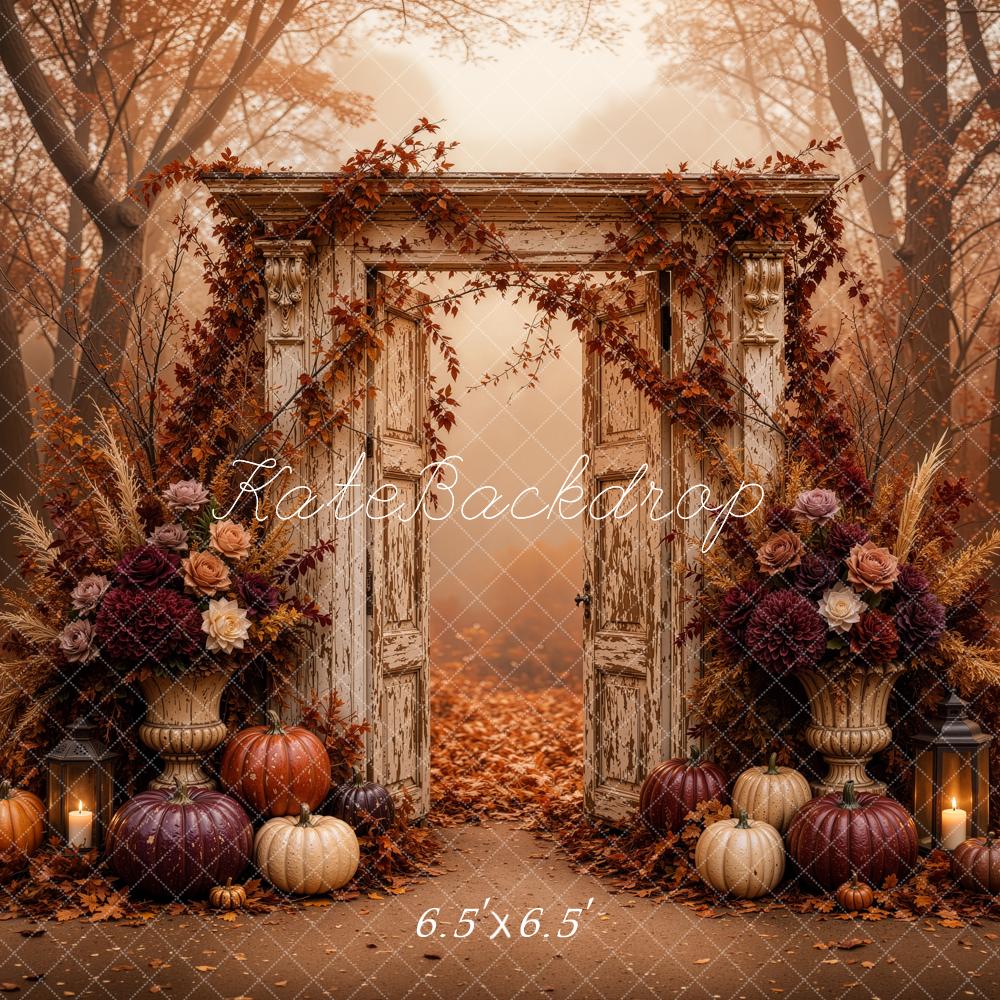 Kate Fall Vintage Door Floral Pumpkins Cozy Forest Printed Backdrop Designed by Jordan Moon