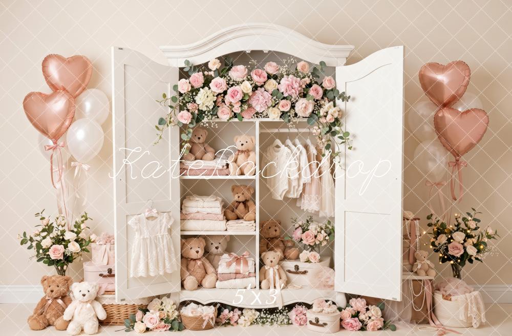 Kate Valentine's Day Teddy Bear Floral Wardrobe Pink Heart Balloon Printed Backdrop Designed by Patty Roberts