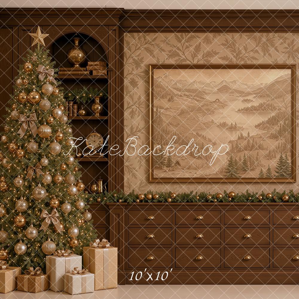 Kate Christmas Traditional Brown Library Cabinet Christmas Tree Printed Backdrop Designed by Shutter Swan Studios