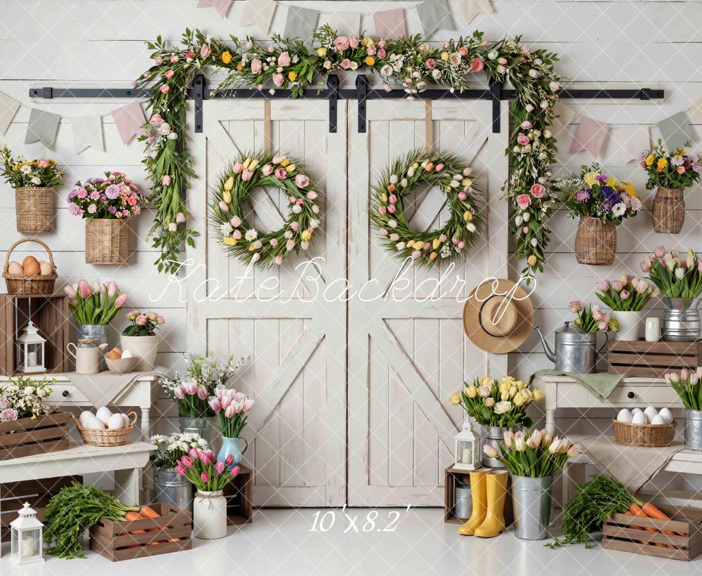 Kate Spring Tulip Wreath Barn Door Backdrop Designed by Mini MakeBelieve