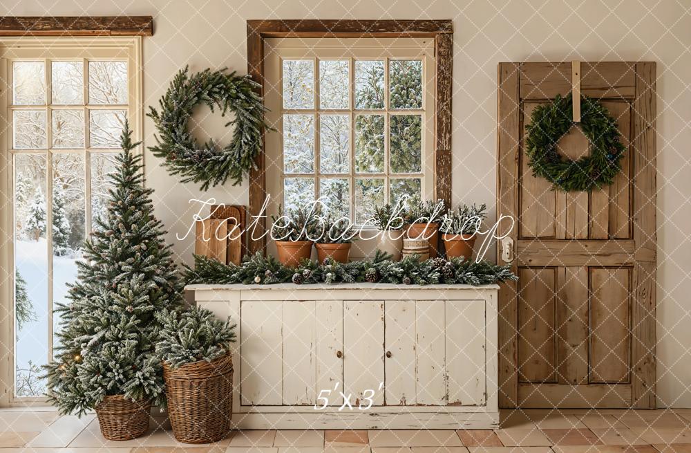 Kate Christmas Neutral Pine Tree Wreath Vintage Door Cabinet Backdrop Designed by Emetselch