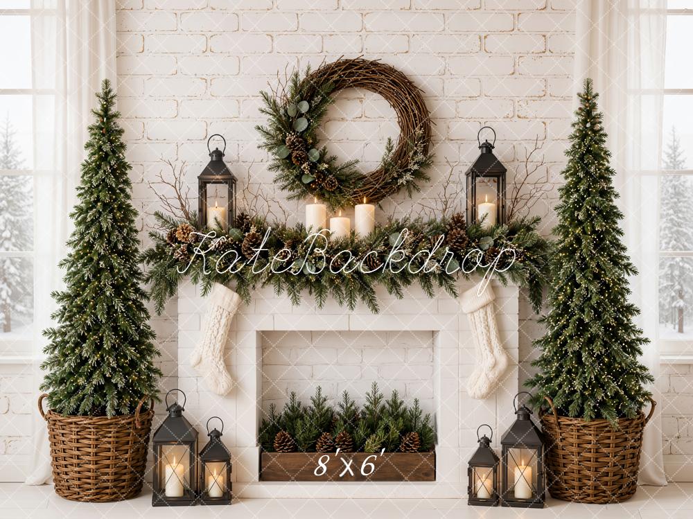 Kate Christmas Fireplace Minimalist Pine Trees Wreath Lanterns Printed Backdrop Designed by Emetselch