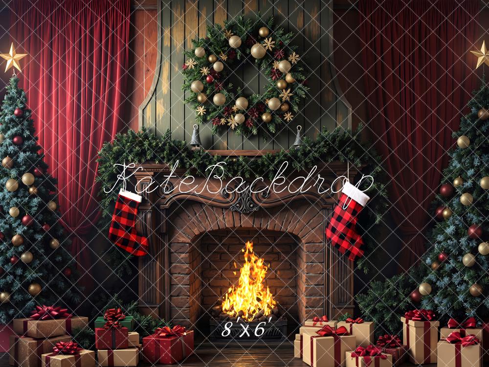 Kate Christmas Fireplace Wreath Tree Gifts Red Curtains Backdrop Designed by Mini MakeBelieve