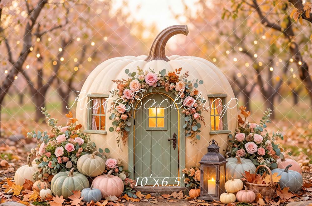 Kate Fall Pumpkin House Flowers Lantern Printed Backdrop Designed by Patty Roberts