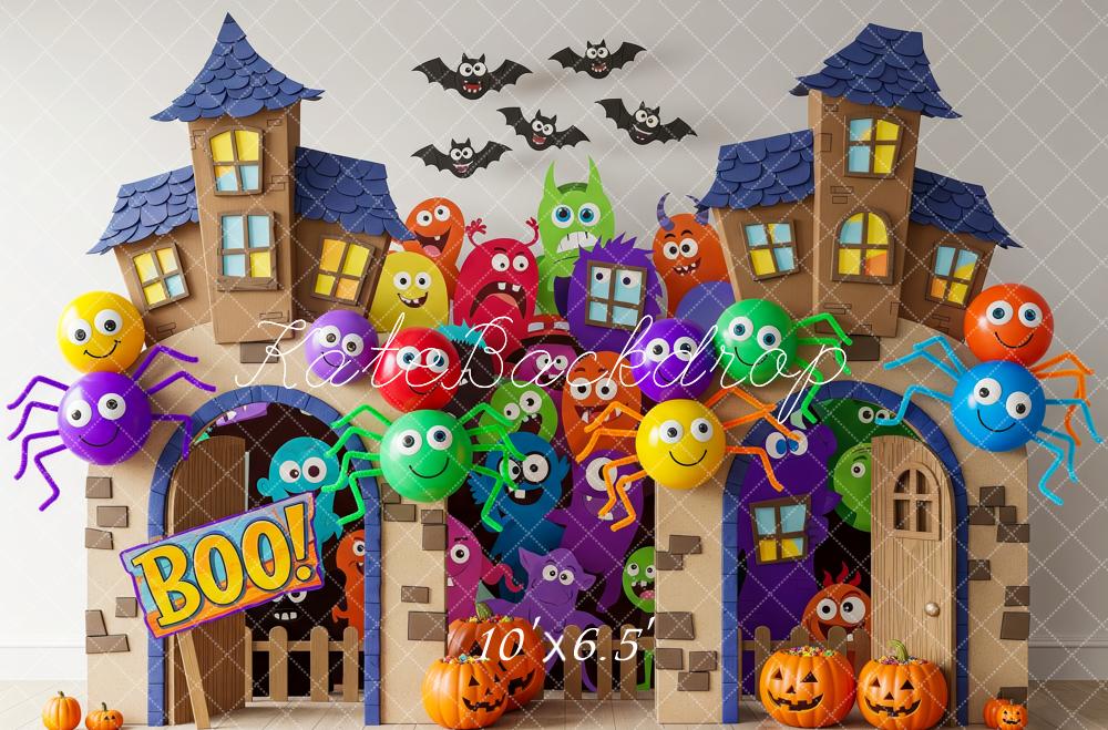 Kate Halloween Haunted House Colorful Spiders Pumpkins Backdrop Designed by Patty Roberts