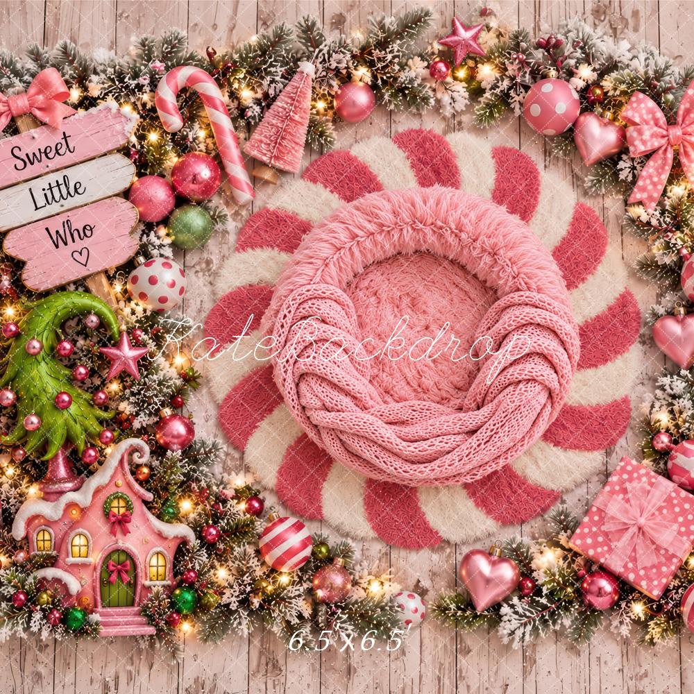 Kate Christmas Newborn Sweet Little Girly Who Pink Candy Cane Printed Backdrop Designed by Laura Bybee