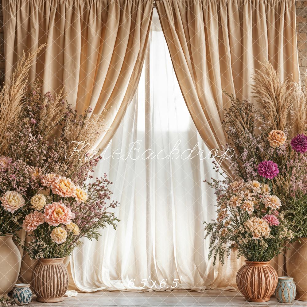 Kate Boho Pampes Floral Vase Beige Curtain Backdrop Designed by Emetselch