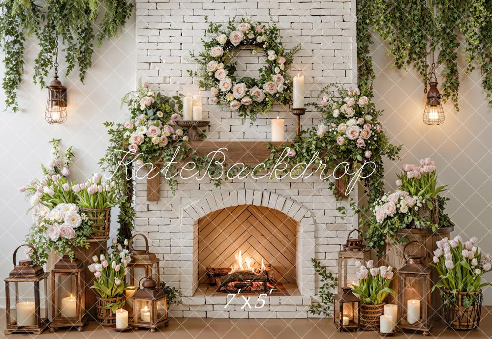 Kate White Brick Fireplace Floral Lanterns Backdrop Designed by Emetselch