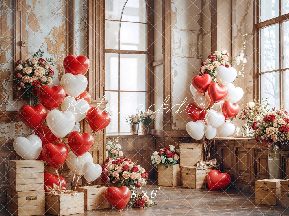 Kate Valentine Heart Balloons Wooden Vintage Window Backdrop Designed by Emetselch