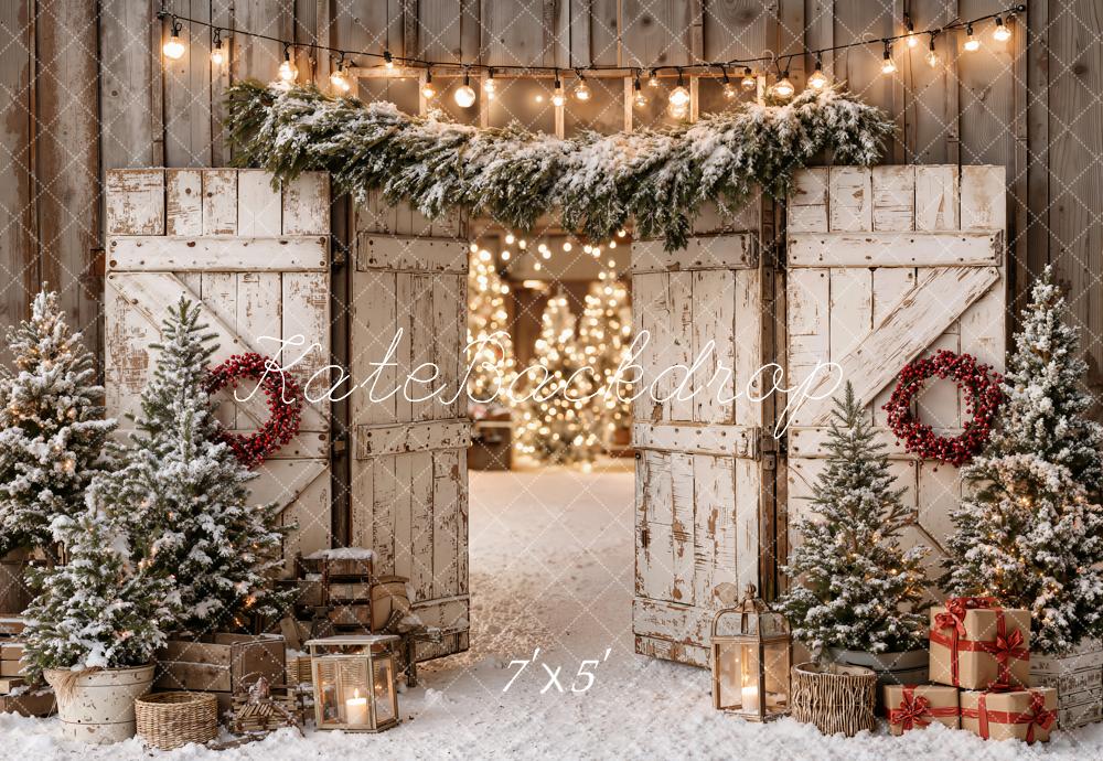 Kate Christmas Rustic Barn Doors Snowy Trees String Lights Printed Backdrop Designed by Emetselch
