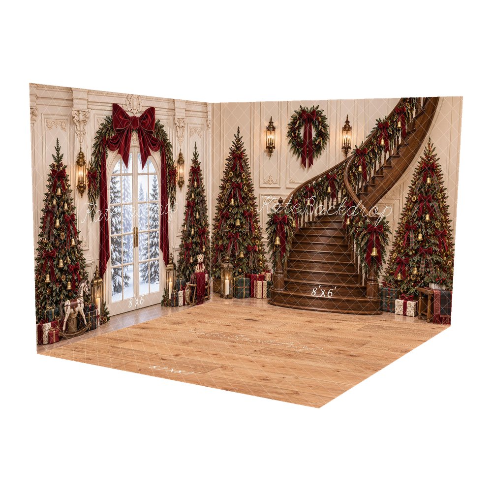 Kate Christmas Decorated Staircase Christmas Trees Printed Backdrop Room Set