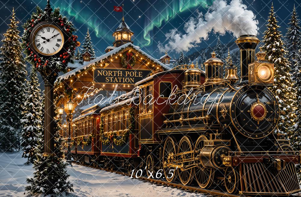 Kate Christmas Polar Train North Pole Station Snowy Trees Printed Backdrop Designed by Emetselch