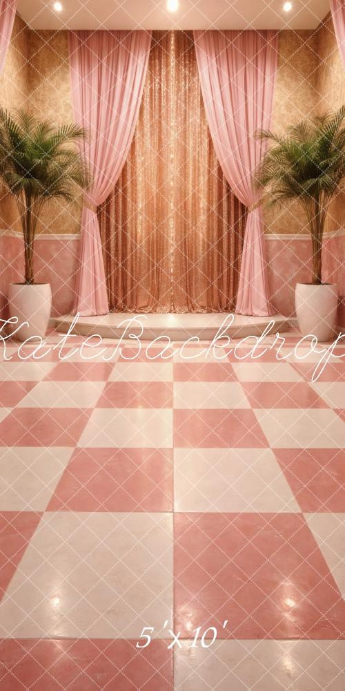 Kate Sweep Pink Checkered Floor Curtain Potted Palm Printed Backdrop Designed by Vertigo Productions