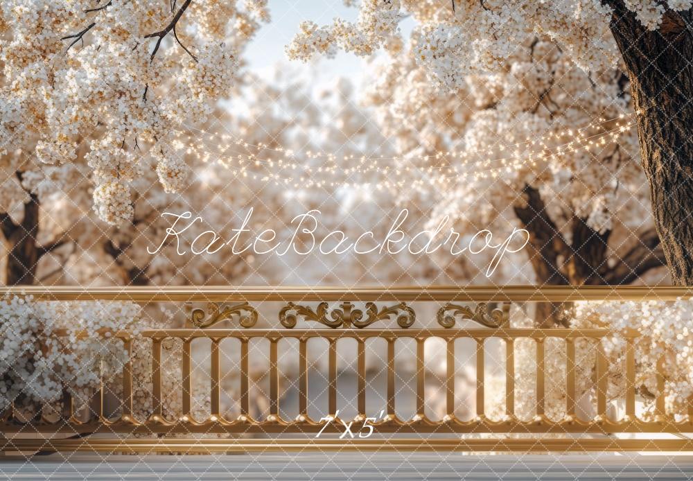 Kate Spring Blossom Floral Golden Balcony Backdrop Designed by Mini MakeBelieve