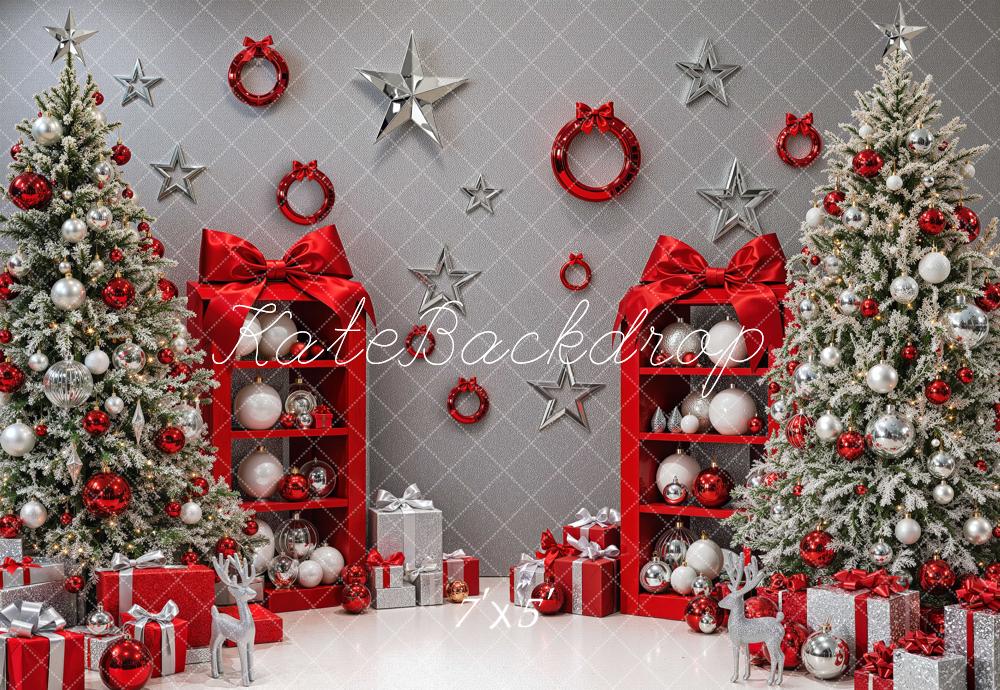 Kate Christmas Glitter Red Silver Trees Shelves Gift Boxes Printed Backdrop Designed by Mini MakeBelieve