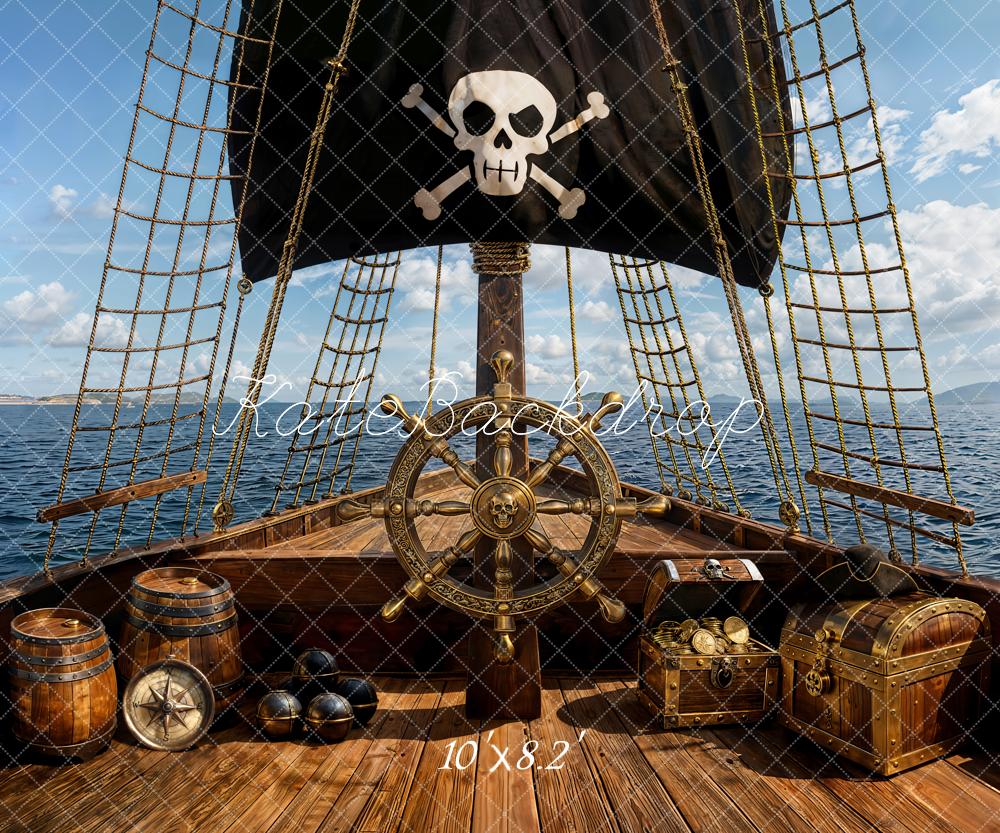 Kate Pirate Ship Wheel Treasure Chest Ocean Backdrop Designed by Emetselch
