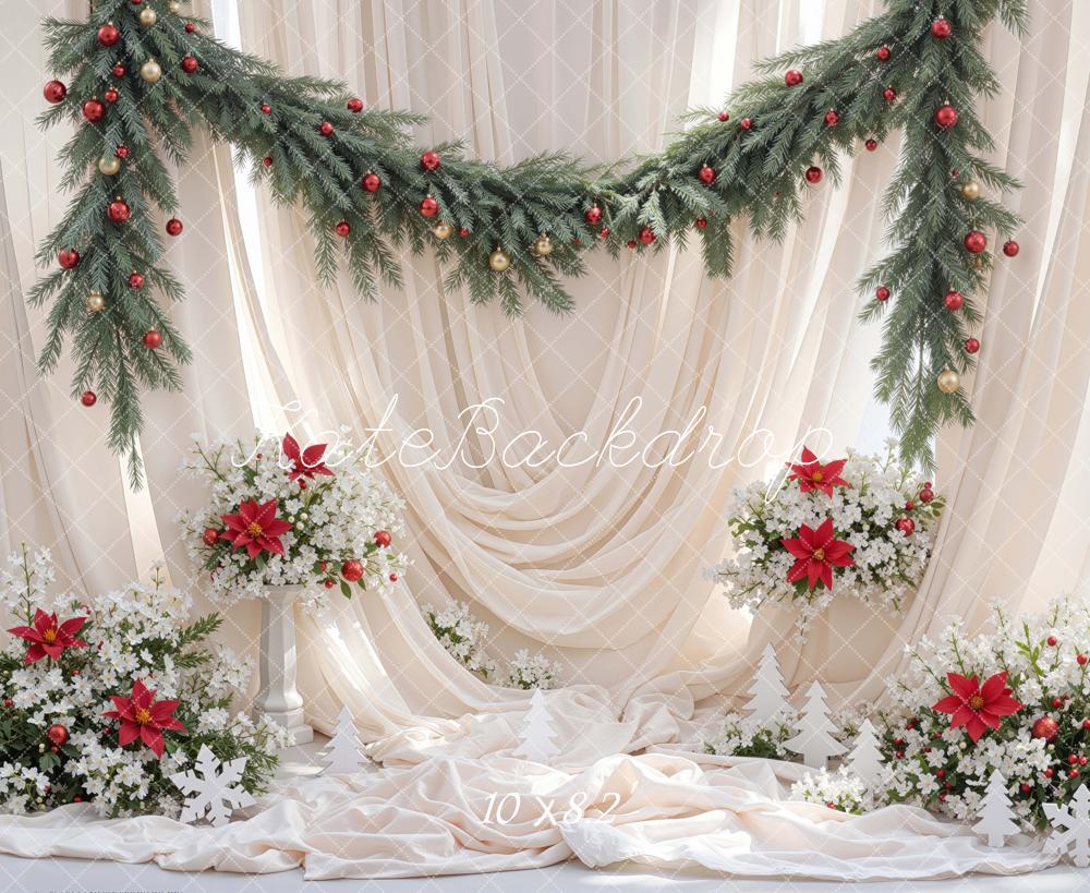 Kate Christmas White Drapes Pine Garland Poinsettia Flowers Printed Backdrop Designed by Mini MakeBelieve