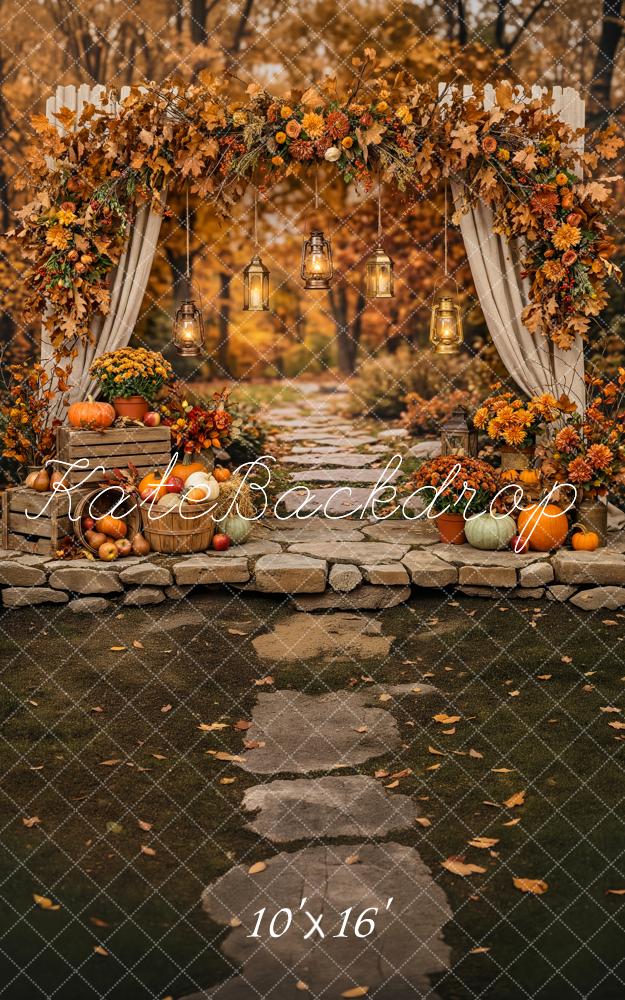 Kate Sweep Fall Flower Arch Pumpkins Lanterns Stone Path Printed Backdrop Designed by Patty Roberts