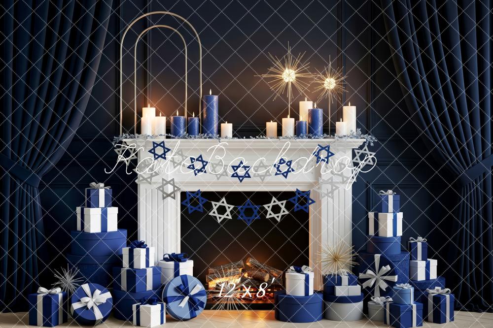 Kate Hanukkah Blue Fireplace Star of David Gift Boxes Backdrop Designed by Patty Roberts
