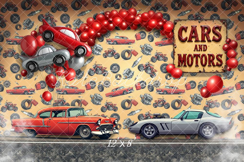 Kate Birthday Red Balloons Motors Vintage Car Motorcycle Printed Backdrop Designed by Laura Bybee