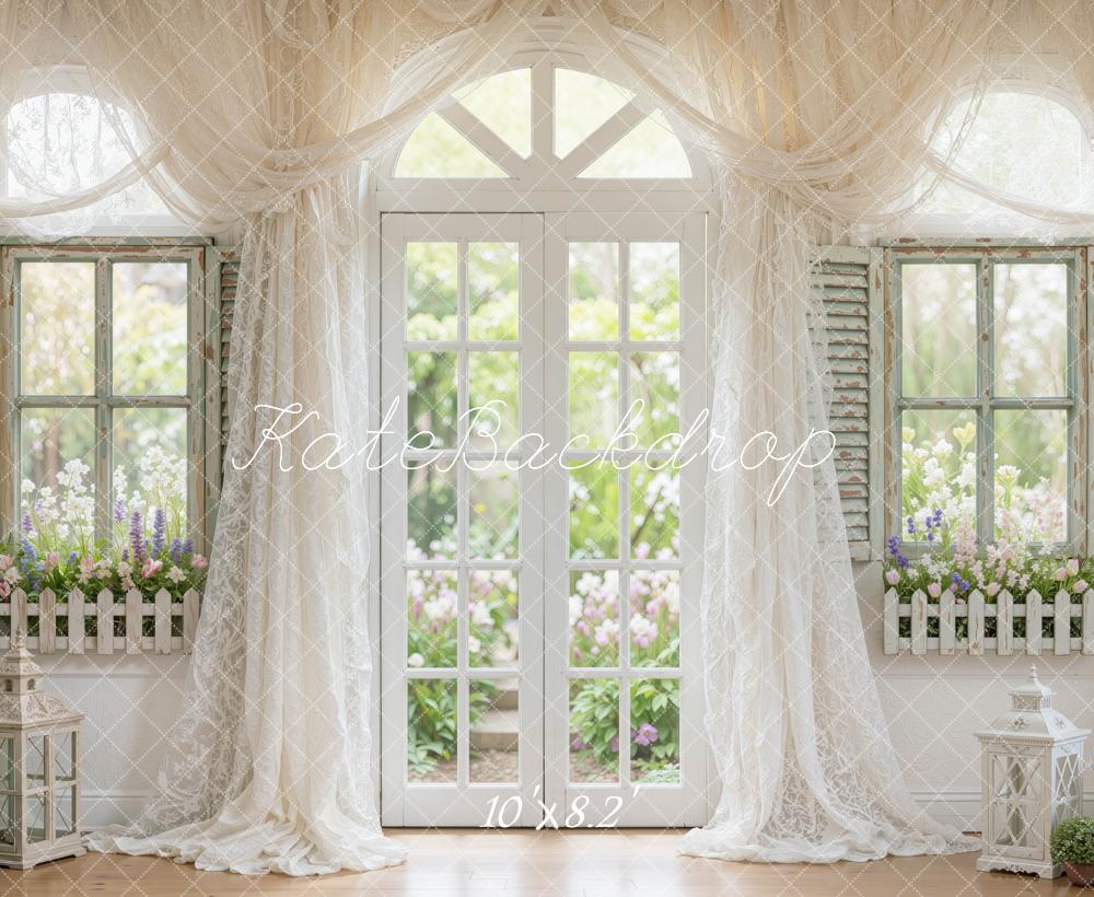 Kate Spring White Drapes Arched French Doors Flower Garden Printed Backdrop Designed by Mini MakeBelieve