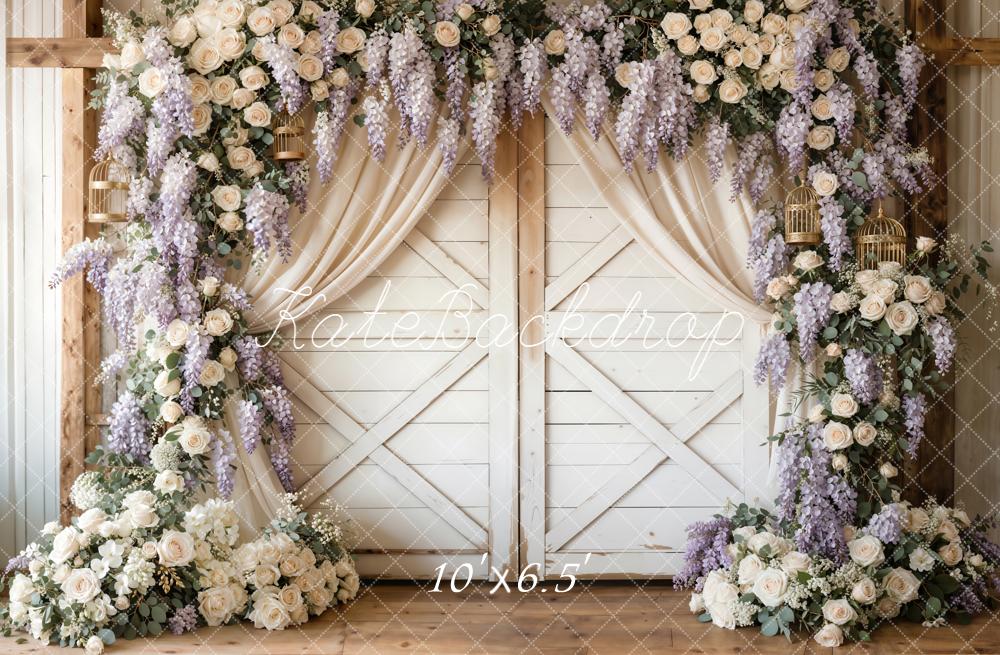 Kate Spring Flower Arch White Barn Door Lavender Roses Backdrop Designed by Emetselch