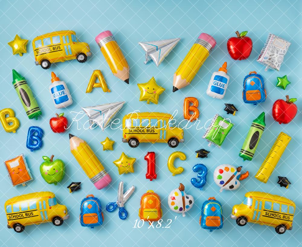 Kate Back to School Balloons School Bus Pencils Apples Blue Printed Backdrop Designed by Patty Roberts